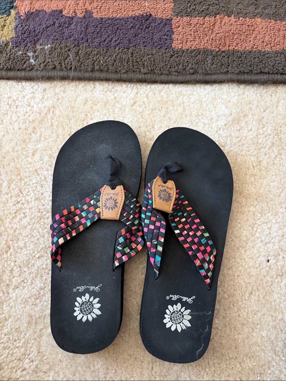 Womens’s Black Flip Flop Sandals with Multicolor Straps